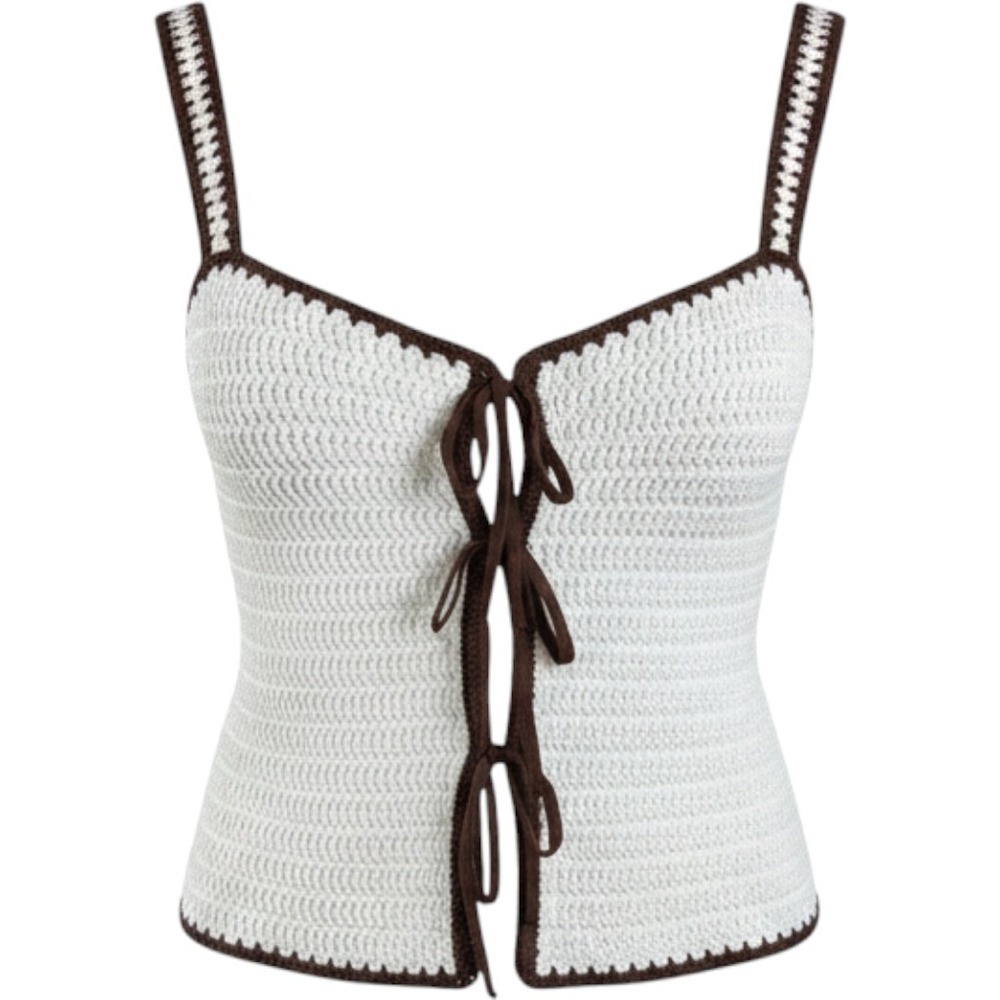 Abercrombie & Fitch Crochet Tie Front Cami Top Ivory Brown Trim S Boho/Festival